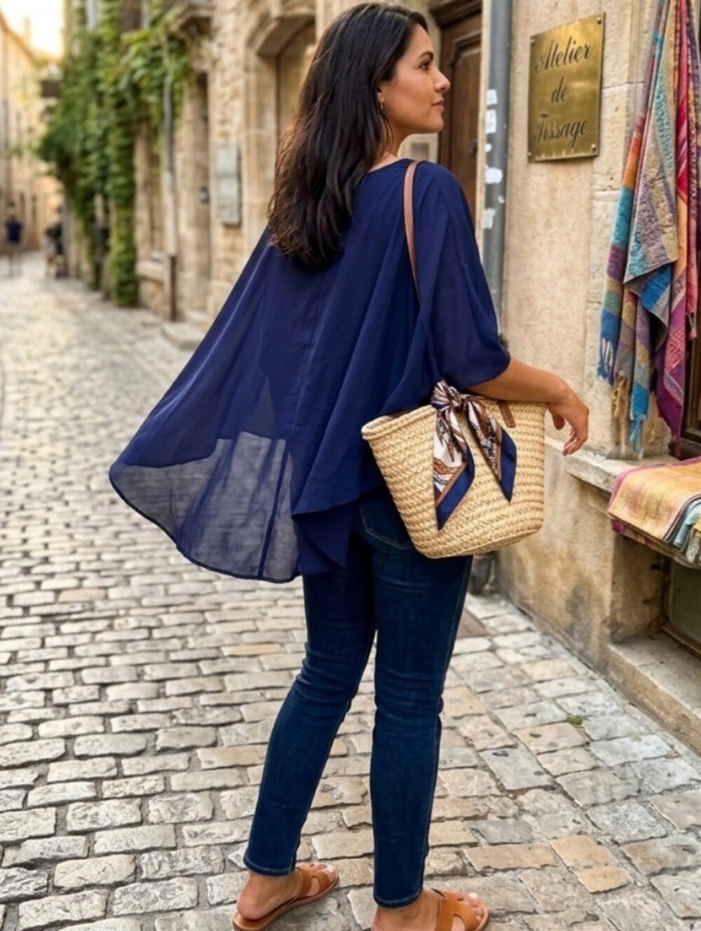 . Navy Sheer Flowing Poncho Shrug - Women